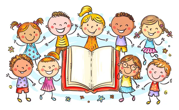 Açık kitabı olan mutlu çocuklar. Çizgi film çocukları çizimi