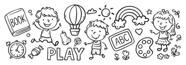 Okulun temalı siyah-beyaz karalama karikatür sınırı çocuklarla