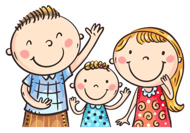 Mutlu bir ailenin portresi. Küçük çocuklu ebeveynler. Çizgi film karakterleri, ön manzara. Renkli resimleme