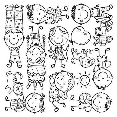 Evcil hayvanları, oyuncakları ve hediyeleri olan çizgi film çocukları. Çocuk ürünleri için siyah beyaz çizimler