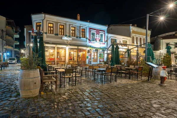 stock image Korce Albania - 01.03.2023: Old Bazaar of Korca city filled with no people at night.