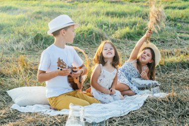 Yakışıklı çocuk kuru otların arasında battaniyede oturmuş ukulele oynuyor. Çimlerin üzerinde dinlenen çocukların portresi. Açık hava pikniği. Arkadaşlar birlikte oynar. Yaz tatili, kırsal yaşam tarzı.