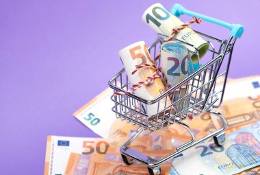 Avro banknotlarıyla dolu alışveriş arabası..