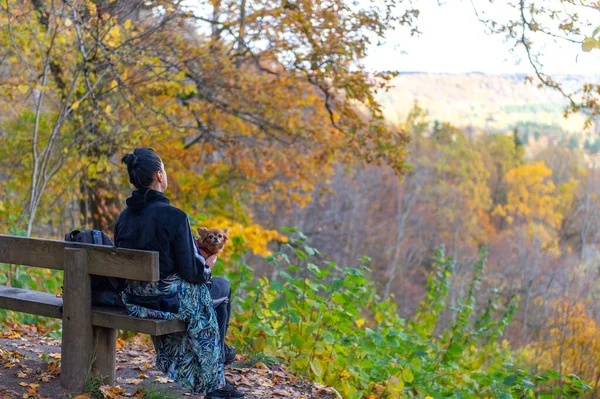 Mladá Žena Psem Klíně Sedí Lavičce Pozoruje Podzimní Krajinu — Stock fotografie