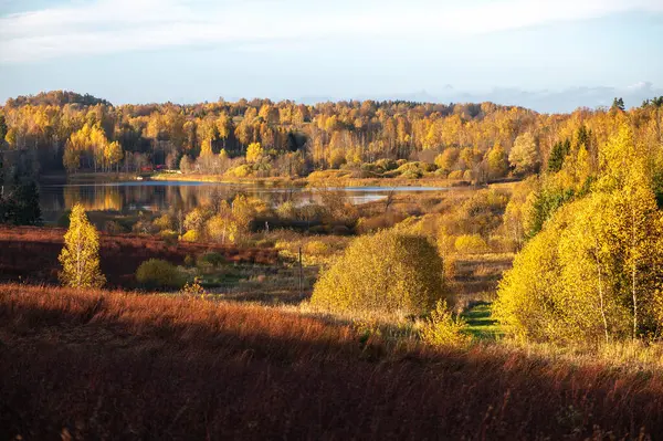 stock image Beautiful autumn landscape with a rural lake surrounded by colorful trees