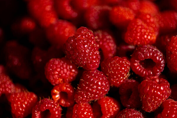 Fresh raspberries background. Healthy food organic nutrition. Top view from above