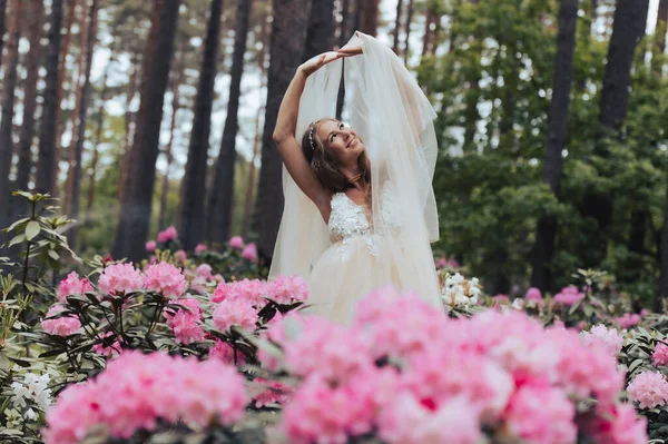Femme Enceinte Romantique Dans Parc Rhododendrons Fleurs — Photo