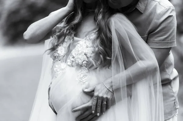 Close Pregnant Couple Hands Belly Black White — Stock Photo, Image