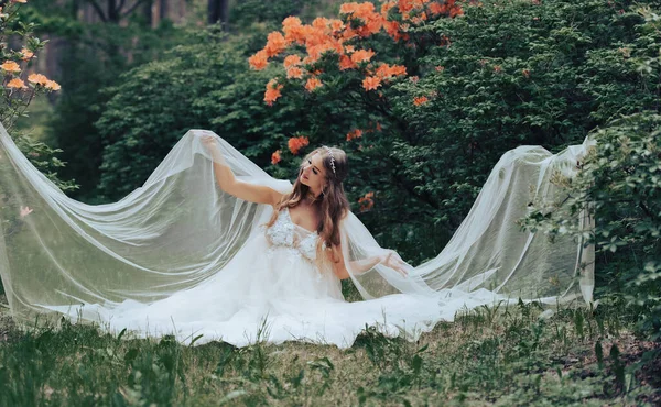 Femme Enceinte Romantique Portant Une Robe Blanche Luxe Dans Parc — Photo