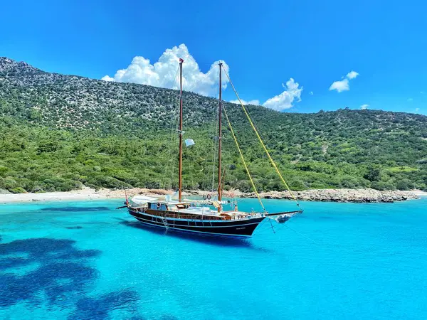 Denizde yelkenli teknesi.