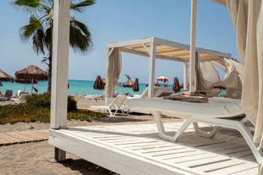 Tipik tropikal atmosfer, plaj tatili, güneşli bir günde palmiye ağaçları, baldaquin, şezlonglar ve arkada okyanus olan bir tatil köyünde dinlenmek.