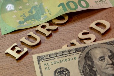 Avrupa para birimi ve Amerikan doları döviz kuru teması, avro ve ahşap zemin üzerinde ahşap harflerden yapılmış kullanım konsepti