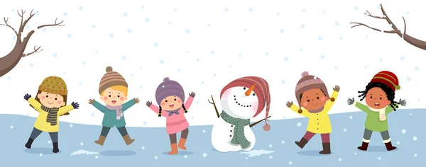 Wektorowe Transparenty Dzieci Bawiące Się Zimą Szczęśliwego Nowego Roku Wesołych — Wektor stockowy