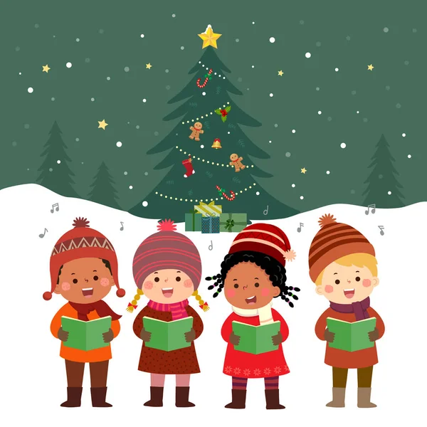 Mutlu Çocuklar Noel Şarkıları Söylüyor Noel Ağacıyla — Stok Vektör