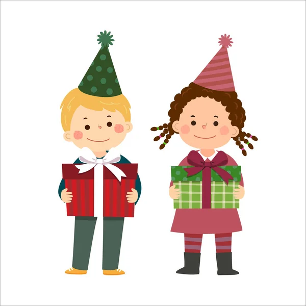 Caricature Vectorielle Illustrant Des Enfants Tenant Des Boîtes Cadeaux Joyeux — Image vectorielle