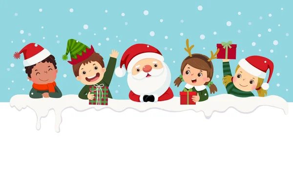 Niños Con Disfraces Navidad Santa Claus Mirando Por Detrás Blanco — Archivo Imágenes Vectoriales