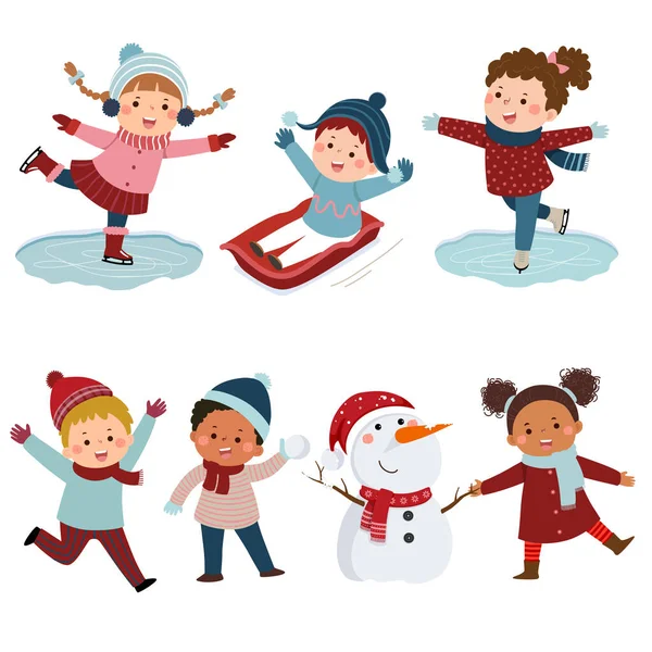 Kolekcja Szczęśliwych Dzieci Grających Śniegu Zimie — Wektor stockowy