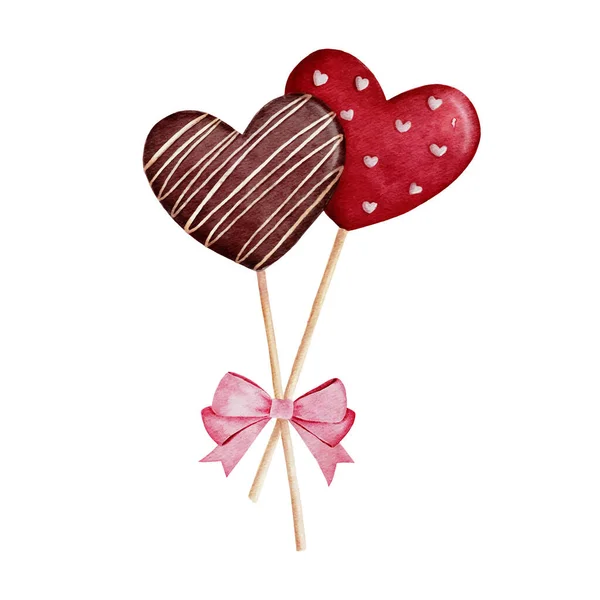 Aquarell Valentine Schokolade Herzförmige Lutscher Bouquet — Stockvektor