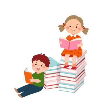 Vektör çizgi film karakteri ve kız kitap yığınının üzerinde oturup kitap okuyorlar. Çocuklar kitap okumayı seviyor.