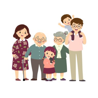Mutlu bir ailenin vektör çizimi. Anne, baba, büyükbaba ve kedili çocuklar. Vektör insanlar.