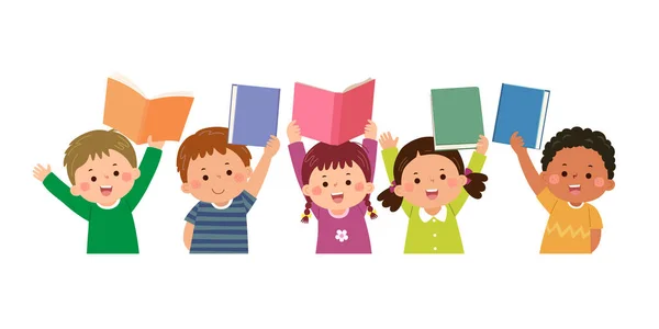 Διάνυσμα Παιδιά Κινουμένων Σχεδίων Δείχνει Βιβλία Πάνω Από Κεφάλια Τους — Διανυσματικό Αρχείο
