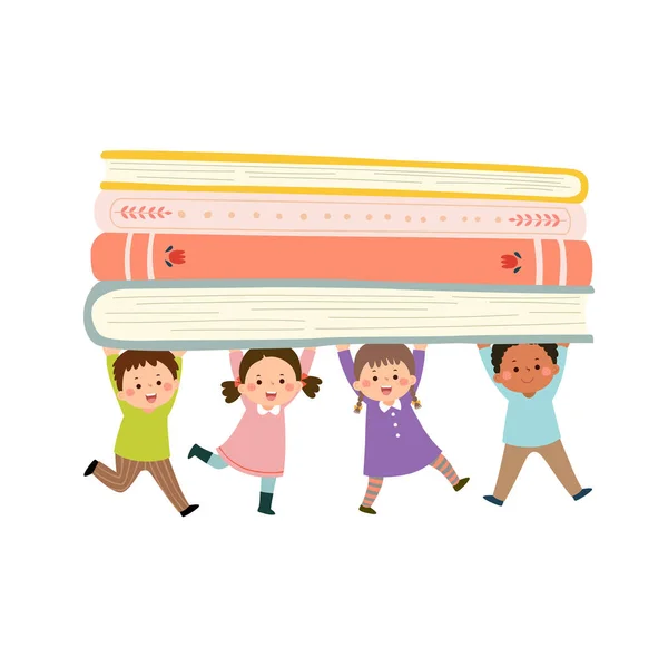 Διάνυσμα Κινούμενα Σχέδια Χαρούμενα Παιδιά Μεταφέρουν Σωρό Από Βιβλία — Διανυσματικό Αρχείο