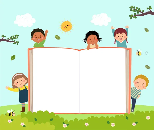 Vektorové Kreslené Děti Otevřenou Knihu Pozadí Parku — Stockový vektor