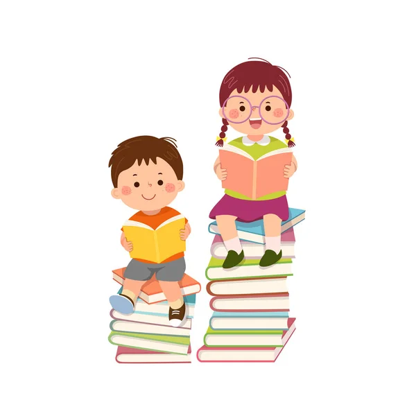Διάνυσμα Καρτούν Μικρό Αγόρι Και Μικρό Κορίτσι Φορώντας Γυαλιά Κάθεται — Διανυσματικό Αρχείο
