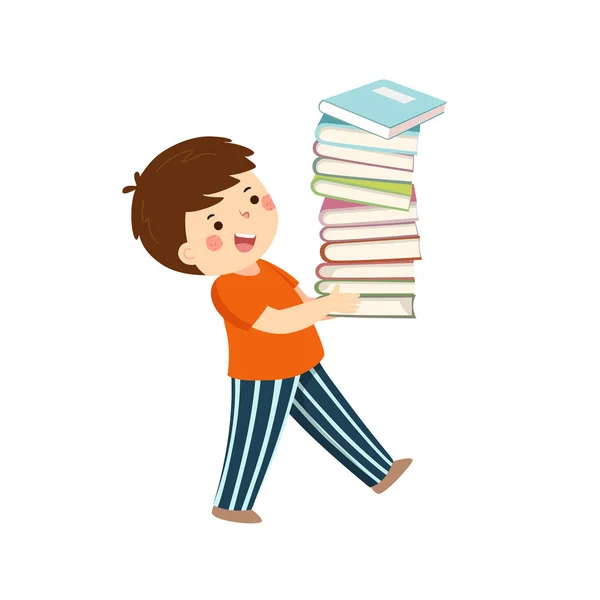 Vettoriale Cartone Animato Bambino Tenendo Mucchio Libri — Vettoriale Stock