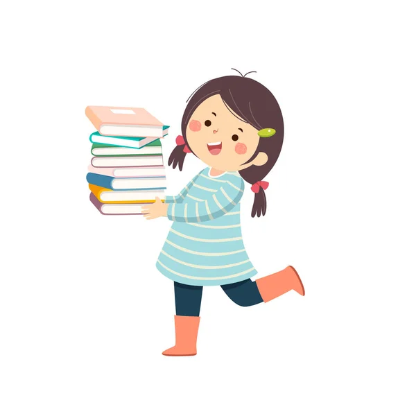 Vector Cartoon Kleines Mädchen Mit Einem Stapel Bücher — Stockvektor