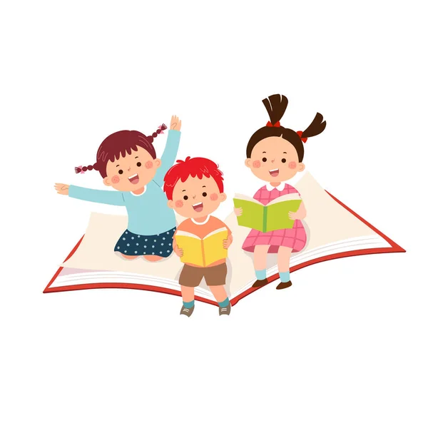 Dibujos Animados Ilustración Vectorial Niños Felices Volando Libro Sobre Fondo — Archivo Imágenes Vectoriales