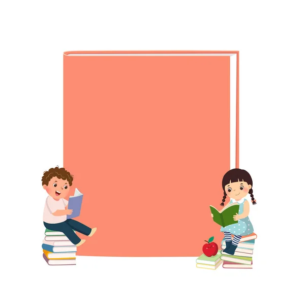 矢量漫画男孩和女孩坐在书架上 阅读有封面背景的书籍 — 图库矢量图片