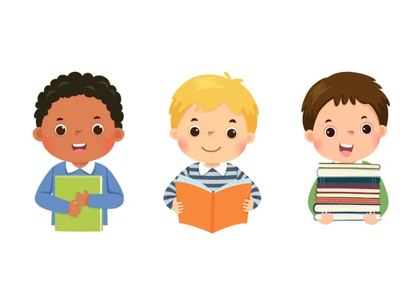 Set Illustrazione Vettoriale Cartone Animato Bambini Con Libri Libro Amante — Vettoriale Stock