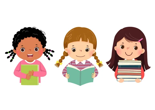 Kitaplı Küçük Kızların Vektör Illüstrasyon Çizimleri Kitap Aşığı Kavramı — Stok Vektör
