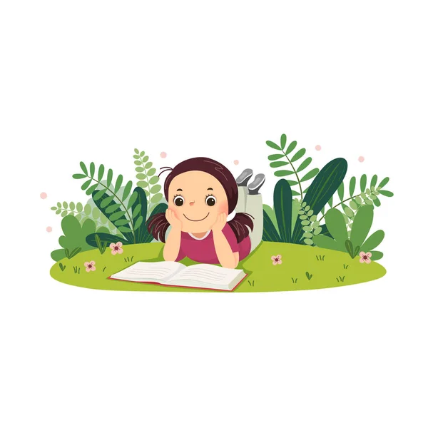 Vector Cartoon Meisje Liggend Het Gras Het Lezen Boek — Stockvector