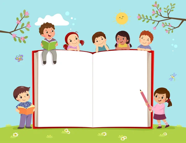 Modello Brochure Pubblicitaria Con Bambini Libro Aperto Sul Campo — Vettoriale Stock