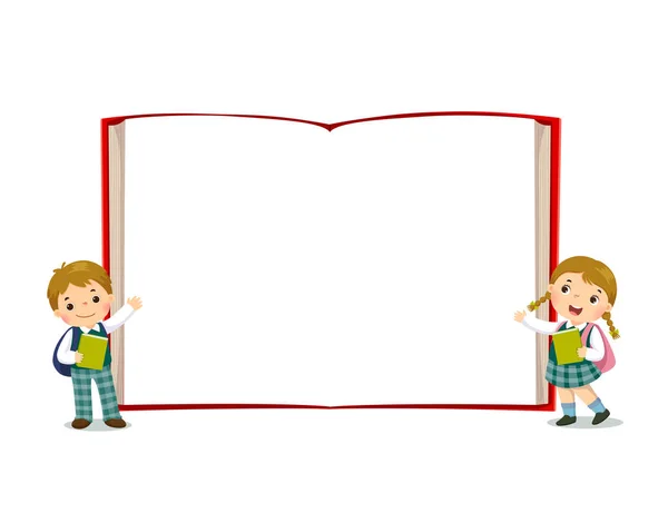 Vettoriale Cartoni Animati Bambini Uniforme Scolastica Con Sfondo Libro Aperto — Vettoriale Stock
