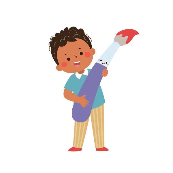 Διάνυσμα Καρτούν Μικρό Αγόρι Φοιτητής Κρατώντας Μεγάλο Πινέλο Επιστροφή Στο — Διανυσματικό Αρχείο