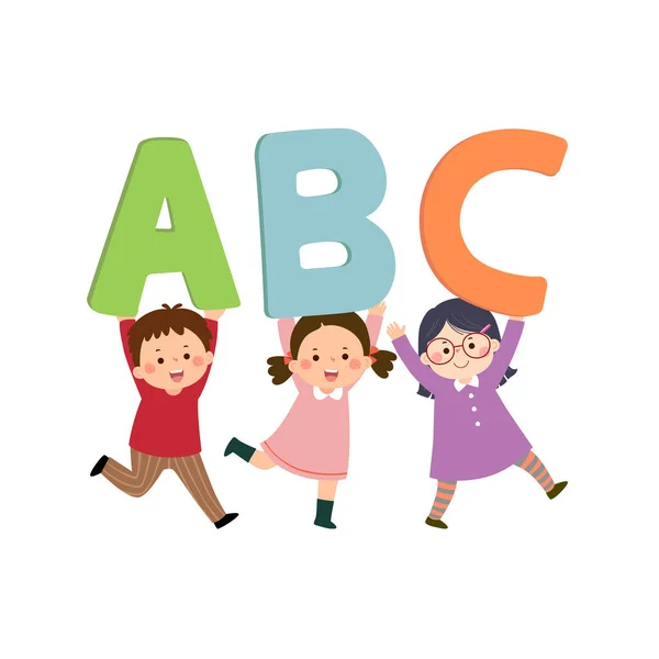 Crianças Desenho Animado Vetorial Carregando Letras Alfabeto Abc Voltar Conceito —  Vetores de Stock