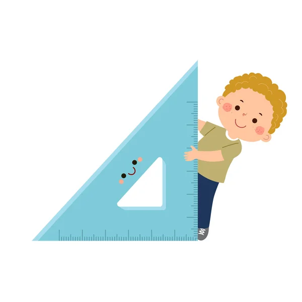 Vector Cartoon Little Student Boy Big Triangle Ruler Back School — Stock Vector