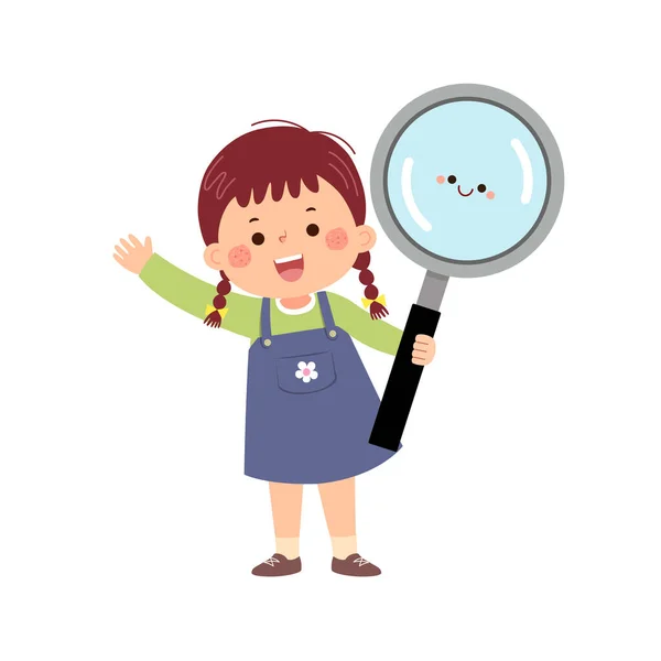 Vector Cartoon Little Student Girl Holding Big Magnifying Glass Back — Stock Vector