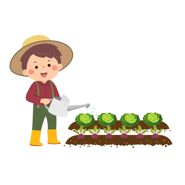 Little Gardener Watering Vegetables Garden — Stock Vector