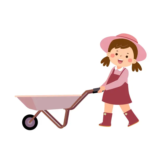 Mała Dziewczynka Ogrodnik Pchając Pustą Taczkę Grafika Wektorowa