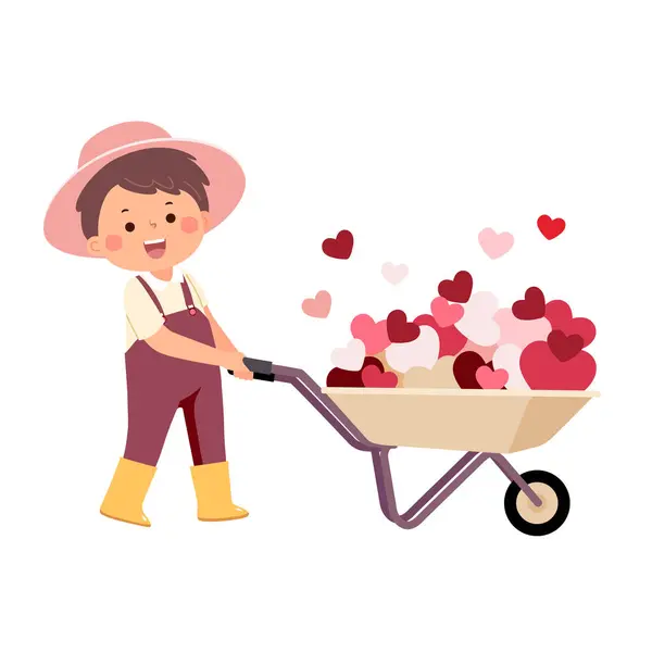 Cartoon Little Boy Pushing Wheelbarrow Full Hearts Valentines Day Concept — Stock Vector