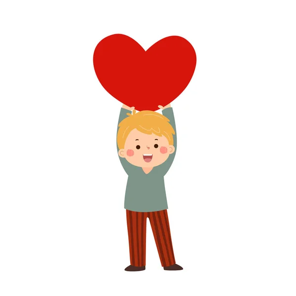 Cartoon Little Boy Big Red Heart Valentines Day Concept — Stock Vector