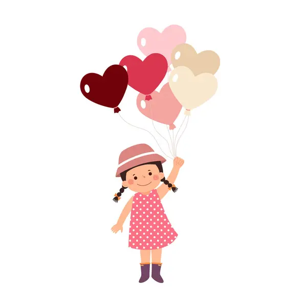 卡通小女孩拿着一束心形气球 情人节的概念 — 图库矢量图片