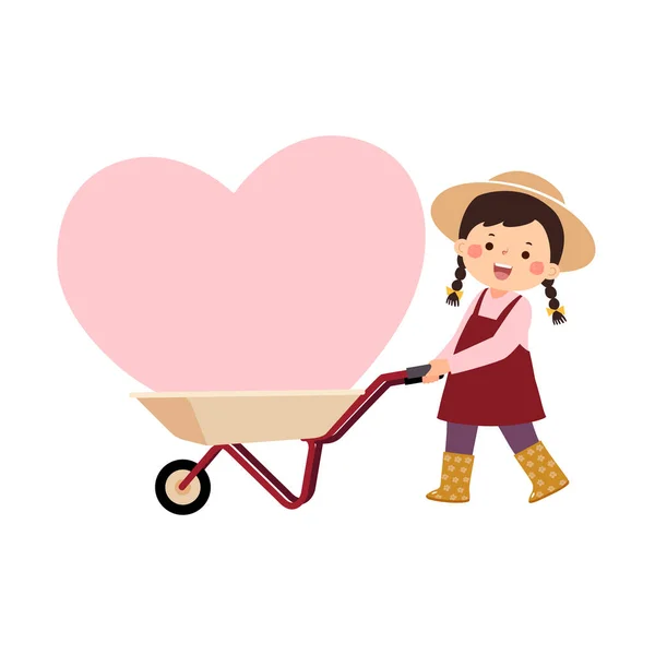 Kreskówkowa Dziewczynka Pchająca Taczkę Różowym Wielkim Sercem Koncepcja Walentynek Ilustracja Stockowa