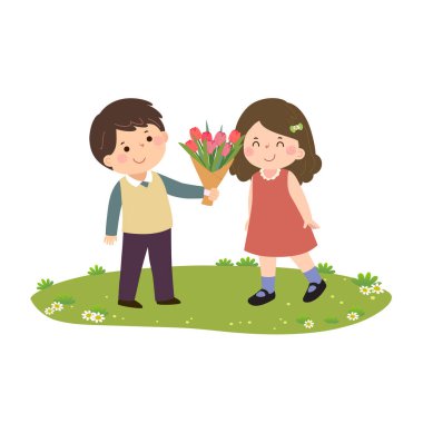 Çizgi filmdeki küçük çocuk kıza bir buket lale çiçeği veriyor.