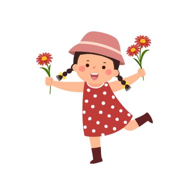 Çizgi filmdeki küçük kız çiçeklerle zıplıyor