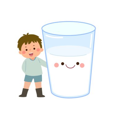 Elinde koca bir bardak suyla çizgi filmdeki çocuk çocuk. Çocuklar için sağlıklı yiyecekler